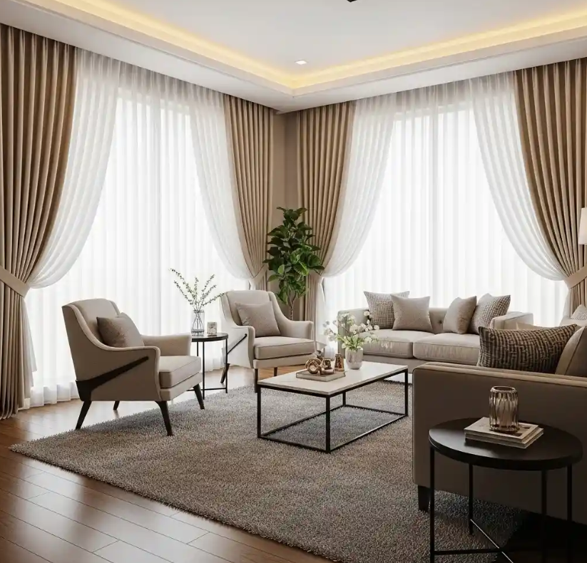Elegant living room with beige layered curtains and neutral sofa set