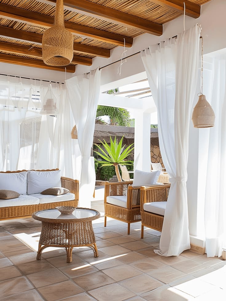 Bright outdoor terrace with white sheer curtains and wicker furniture