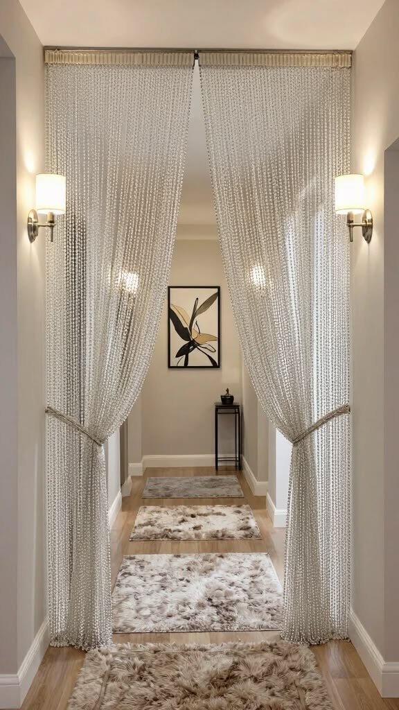 Crystal beaded curtains as a glamorous doorway divider
