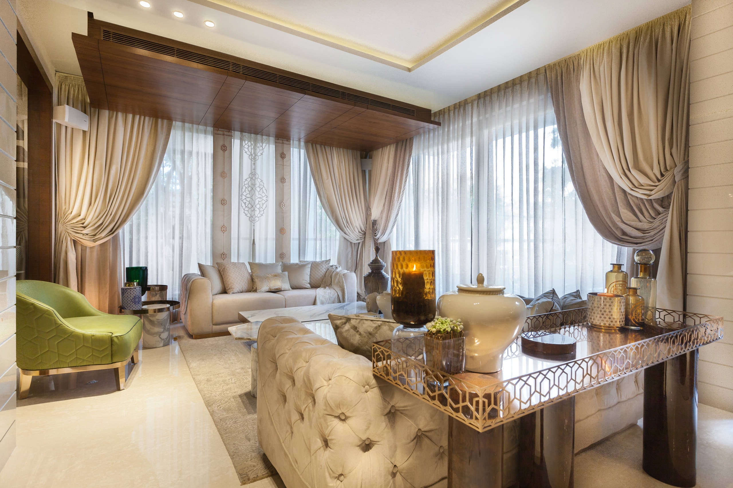 Luxury master bedroom with sheer curtains and natural light